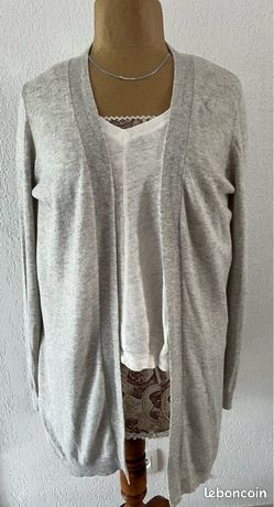 Pull Caroll En Laine Et Mohair - Écru Et Bleu Rayé - Taille 40 - Manches Raglan - Occasion Très Bon état