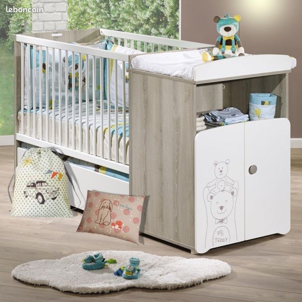 Lit Bébé Complet Happy Leo 13 Pièces En Bois Massif - Lit évolutif, Matelas Réglable, Ciel De Lit - Ourson Lune Rose