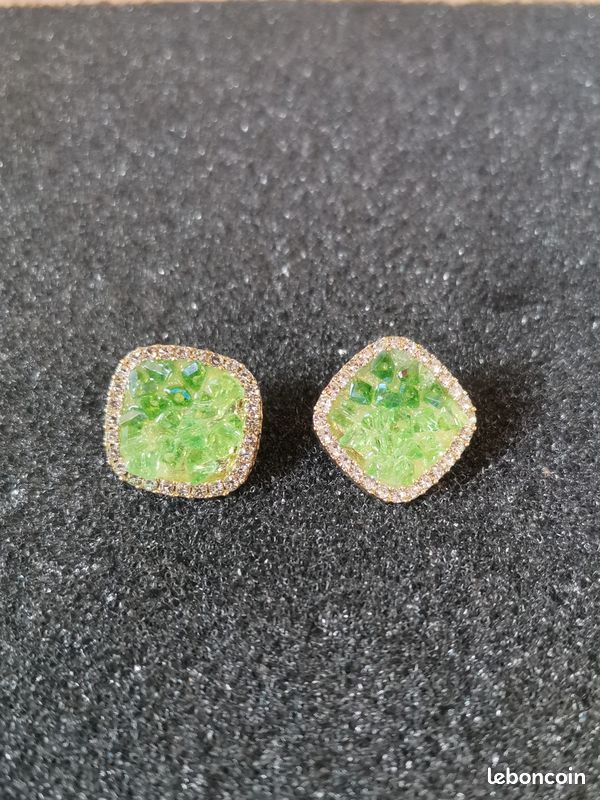 Boucles d'Oreille - Effet Druzy Vert - Entourage Strass (image 6)