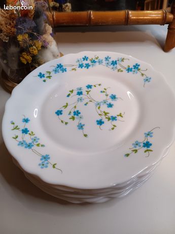 Lot48 De 6 Assiettes Creuses Arcopal France D 22,5 Cm Fleurs Bleues Myosotis 86896