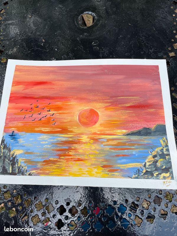 Peinture originale signée , coucher du soleil sur la mer, 24x32 (image 3)