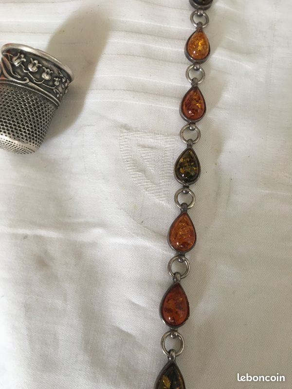 Bracelet En Argent 925 Avec Cabochons D'ambre - Bijou Occasion, Style Chaîne