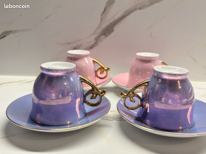 Lot De 8 Tasses à Café Et Soucoupes Geneviève Lethu - Modèle Caucase (1998)