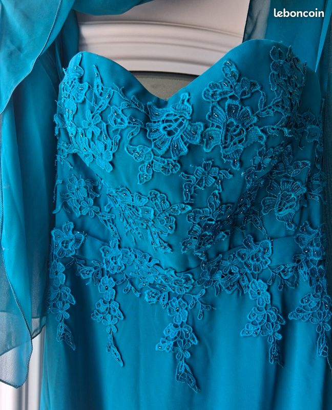 Robe de soirée JUJU & CHRISTINE Bleu Paon Dentelle + Châle - Taille M 38/40 (image 2)