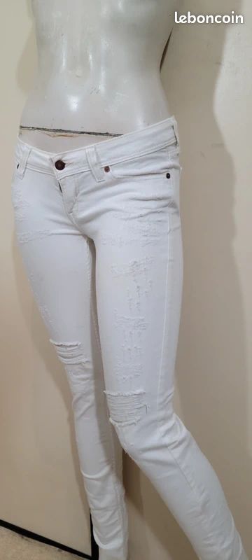 Pantalon Jeans Blanc REVERS Surpiqué Noir Taille Basse Slim - Taille W24 (34) Occasion TB