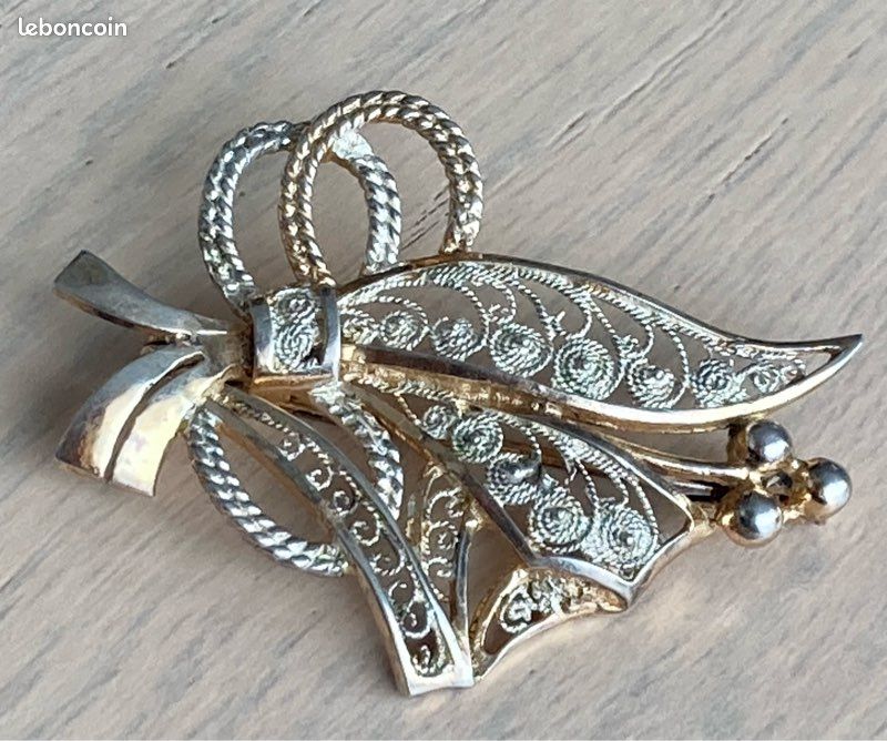 Lot de 2 Broches Vintage Filigrane Argent Vermeil - Motif Feuille & Bouquet (image 8)