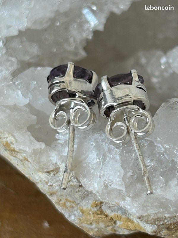 Boucles D'oreille En Améthyste Violette Et Argent 925 - Pendantes Clips