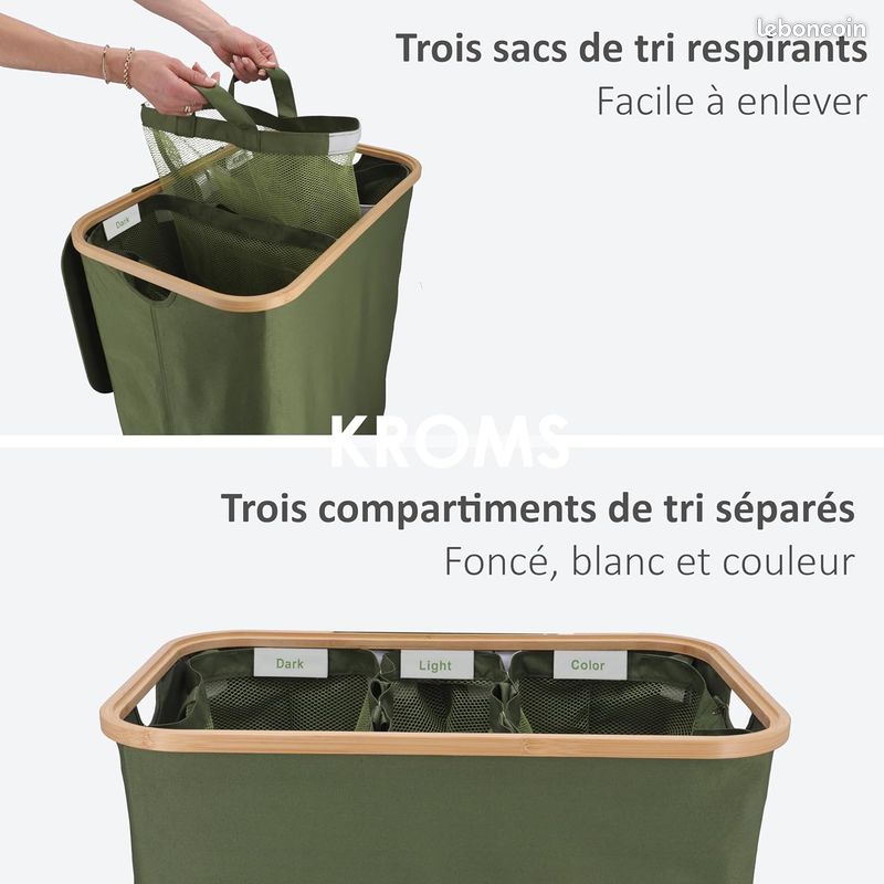 KingSaid Panier à Linge 3 Compartiments 135L en Bambou, Corbeille à Linge avec Étagère et Poches Latérales, Sacs Amovibles Lavables pour Rangement Buanderie (blanc