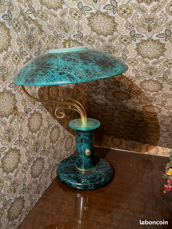 Art Deco - Lampe de table - Laiton, Verre Opalin
