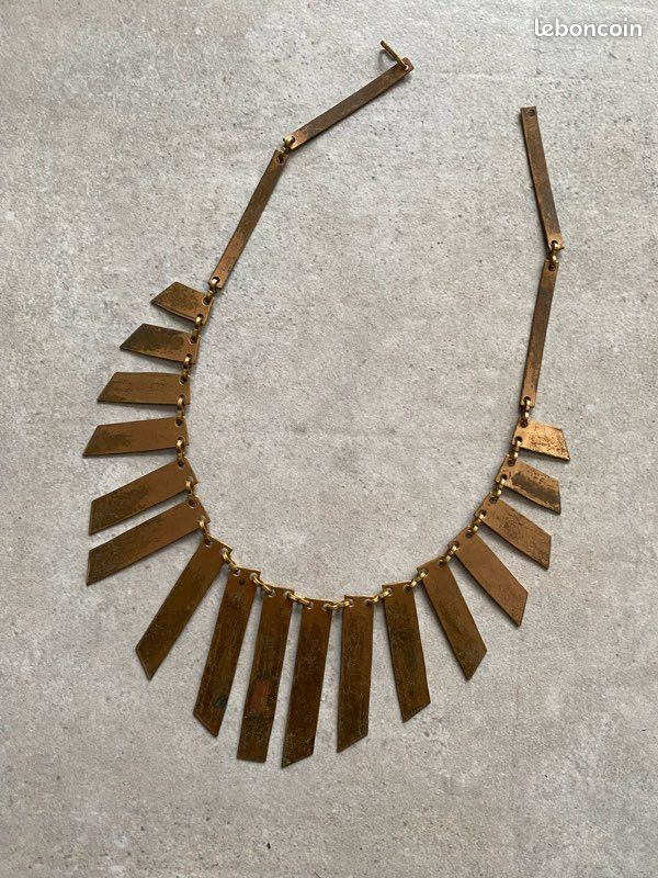 Collier Plastron 3 Rangs Métallique Couleur Bronze Antique - Style Années 80 - Occasion Très Bon état