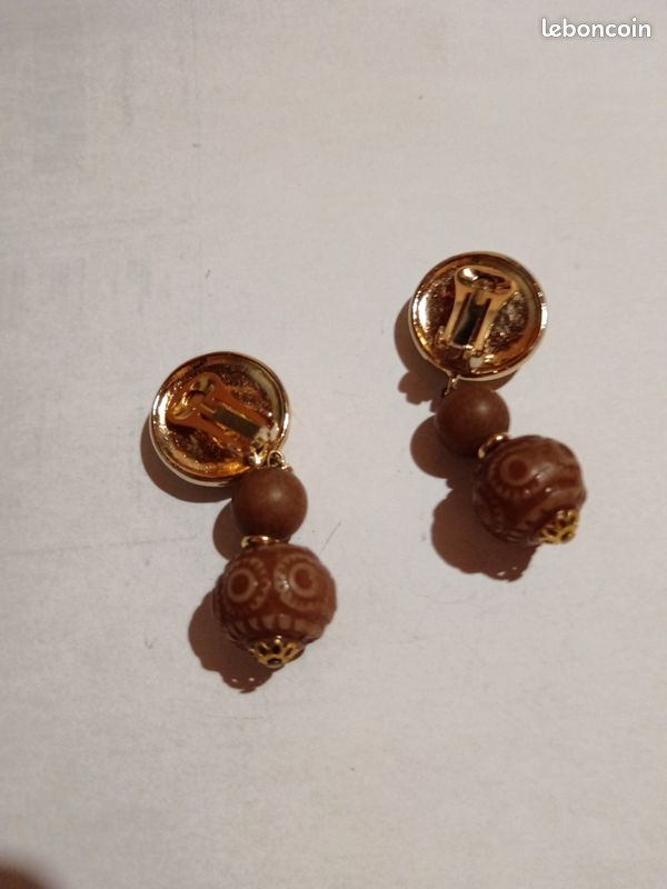 Boucles D'oreilles Clips Créateur Uniques En Bronze Et Pâte De Verre Ambrée - Modèle "Hublot Regard" - Comme Neuf
