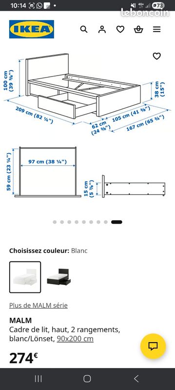 Lit une place 90 x 200 Ikea Malm + sommier + tiroirs (image 4)