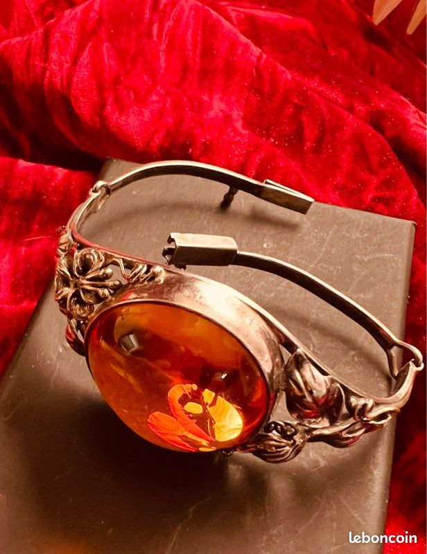 Bracelet En Ambre Rouge De La Baltique Et Argent 925 - Réglable, Fait Main
