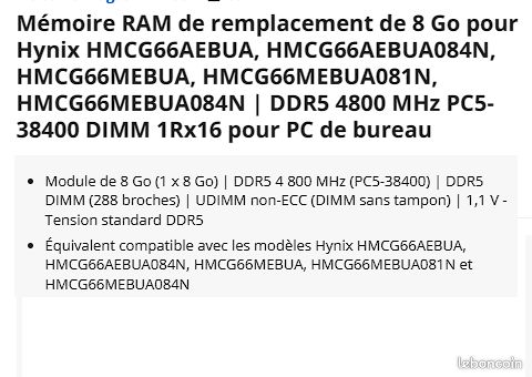 Barrette RAM SK Hynix 8 Go DDR5 4800 MHz UDIMM PC5-38400 - Neuf Garantie à Vie