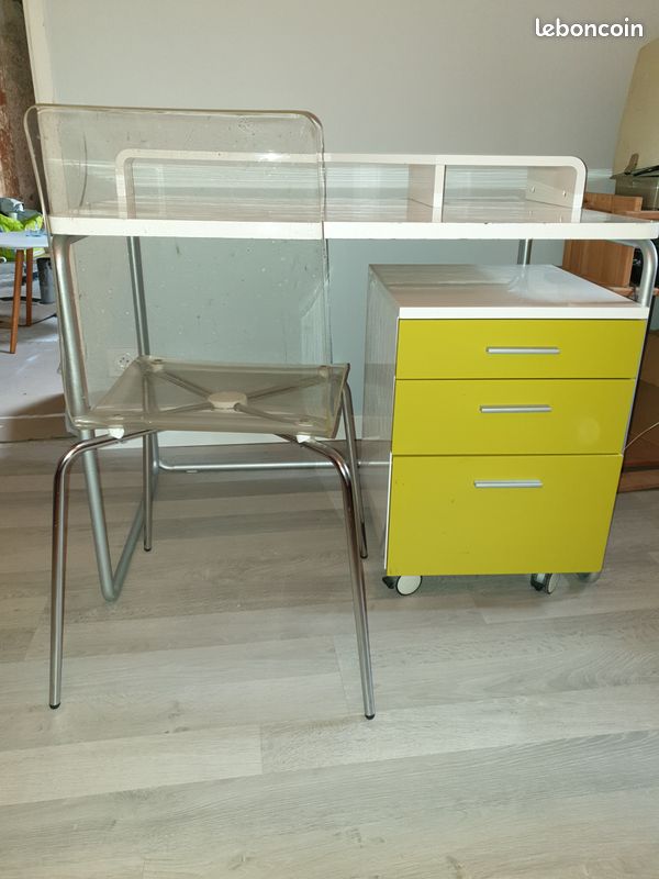 Bureau blanc +caisson anis et chaise transparente (image 1)