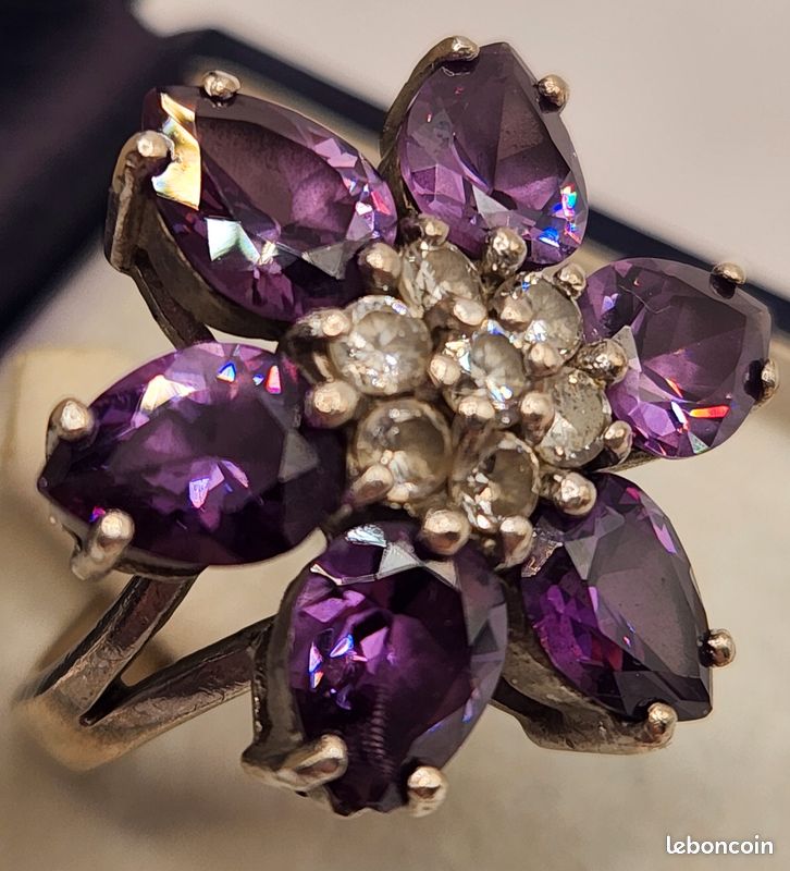 Bague En Argent Massif Avec Améthystes - Motif Feuilles - Taille 57 - Occasion