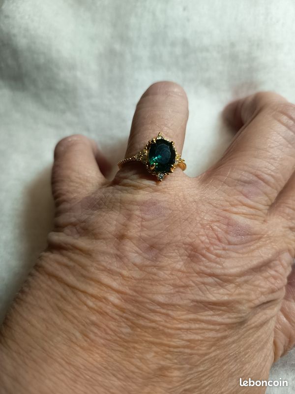 Bague Vintage Taille 55 En Bronze Doré Avec Pierre Naturelle Verte - Superbe Patine