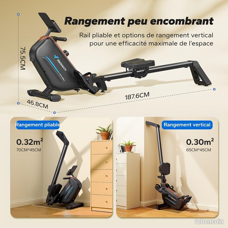 Rameur D'appartement Pliable 16 Niveaux - Silencieux, Réglable, Pour Cardio Et Musculation