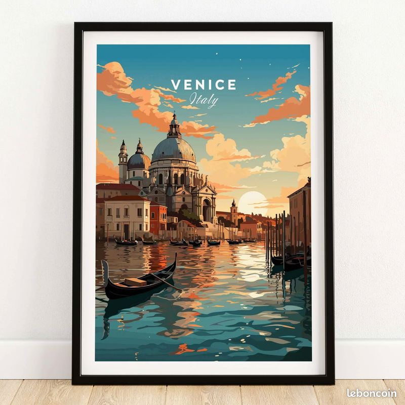 Affiche de voyage vintage Venise Italie : oeuvre d'art murale scène de canal - France Affiche de voyage vintage Venise Italie : oeuvre d'art murale scène de canal - France