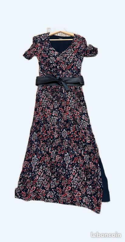 Robe longue Caroll 1/2 saison bleu marine motifs fleuris rose