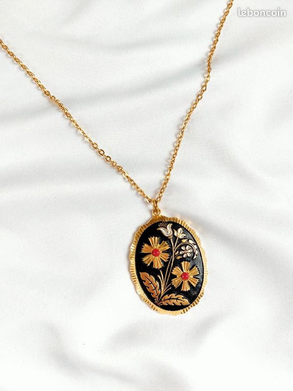 Collier Vintage En Perles Anciennes Avec Pendentif - Chaîne Acier Années 1950