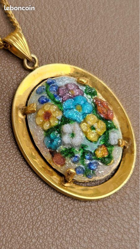 Collier pendentif vintage en émail de Limoges - Émaux Raclot (image 2)