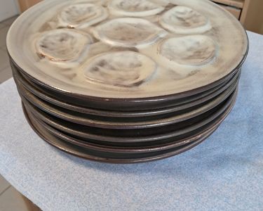 Lot 6 Assiettes à Huîtres Plastique Gris Nacré - Diam. 26 Cm, 9 Huîtres + Citron, Empilables, Fabriqué En France