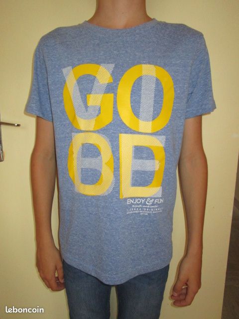 Tee shirt manches courtes bleu chiné imprimé good U collection 12 ans (image 1)