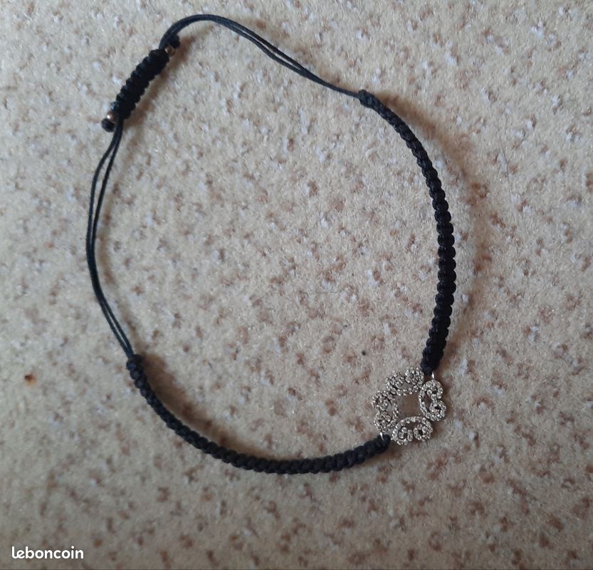 Bracelet Élastique 3 Rangs - Fleur, Métal Noir Et Argent, Strass Blanc - Garanti Sans Nickel - Neuf Avec Étiquettes
