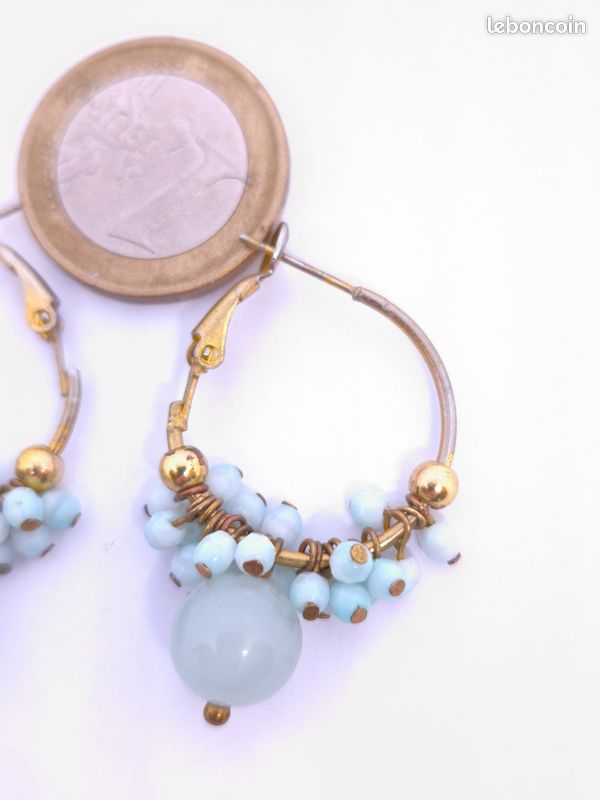 Créoles Fantaisie Perle Bleue 4 Cm – Boucles D'oreilles Faites Main En Acier Inox