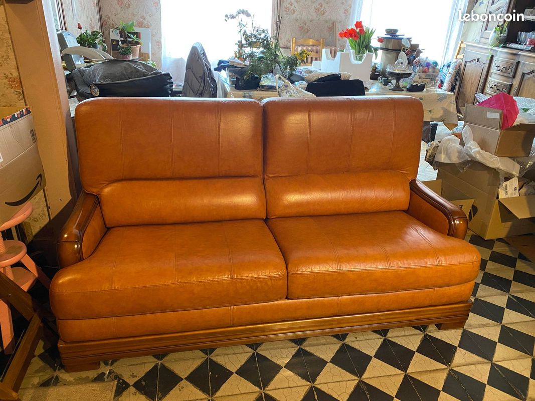 Canape cuir maron 3 places + pouf (image 1)