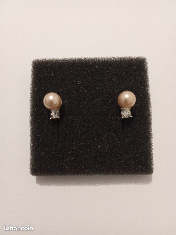 Boucles D’oreilles Anciennes - Pierre Rose Et Perle - Plaqué Or - Fermoir Dormeuse - Occasion