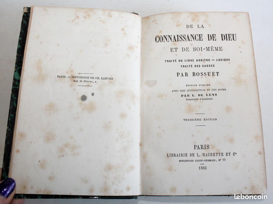 DE LA CONNAISSANCE DE DIEU & DE SOI MEME TRAITÉ DU LIBRE ARBITRE de BOSSUET 1863 (image 1)