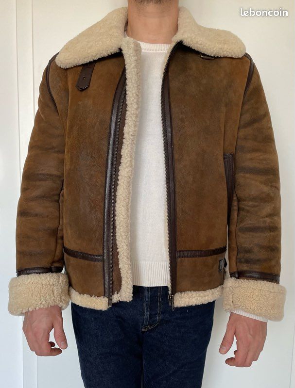 Blouson veste aviateur cuir et laine taille M bon état Vêtements