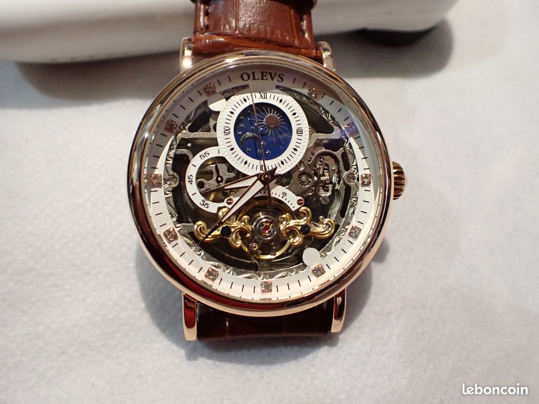 Montre TEVISE Automatique Homme - Tourbillon, Phase Lune, Verre Minéral - Cadran Blanc - Bracelet Cuir Croco Bordeaux