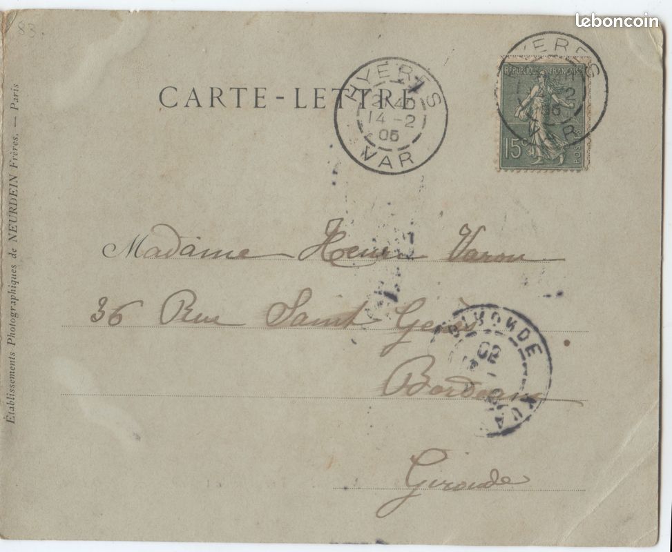 Carte postale ancienne panorama Hyères-les-Palmiers 1905 carte-lettre (image 2)
