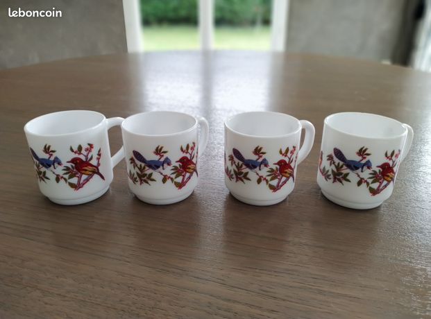 Lot De 4 Grandes Tasses à Café Arcopal - Motif Oiseaux à Pois, Très Bon état - Vintage Français