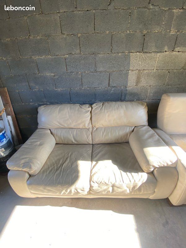 Canapé + fauteuil cuir beige (image 1)