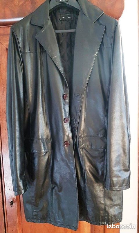 Veste longue en cuir véritable SASCH – Made in Italy – Taille L (image 1)