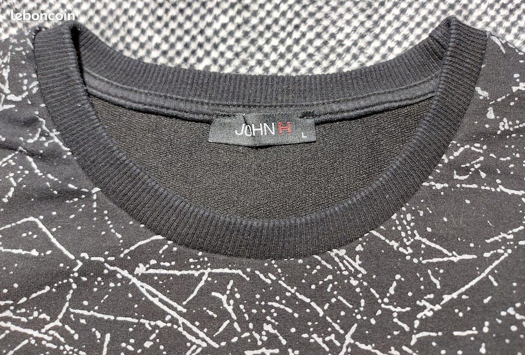 John H Tee Shirt Homme Fantaisie Col Rond Noir & Gris Bas Arrondi Coupe Over size Taille L (image 3)