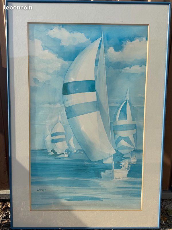 Titre : Grand Tableau Voiliers / Régate Encadré – Leslie Lane (1991) – Déco Bord de Mer (image 1)