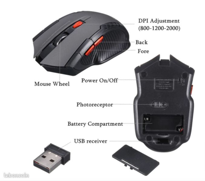 Souris optique de jeu sans fil 2.4G, avec récepteur USB, pour PC et ordinateurs portables (image 2)