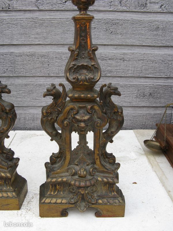 Bronze XIXème chenets avec sa barre de cheminée (image 3)