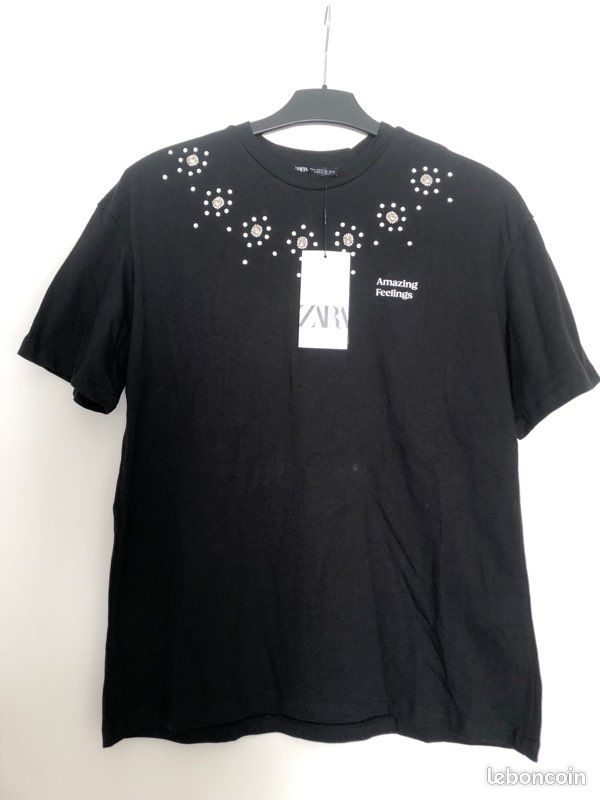 T-shirt Zara Noir à Manches Courtes Avec Brillants (Motif Papillon) - Taille XL Femme, Neuf Sans Étiquette