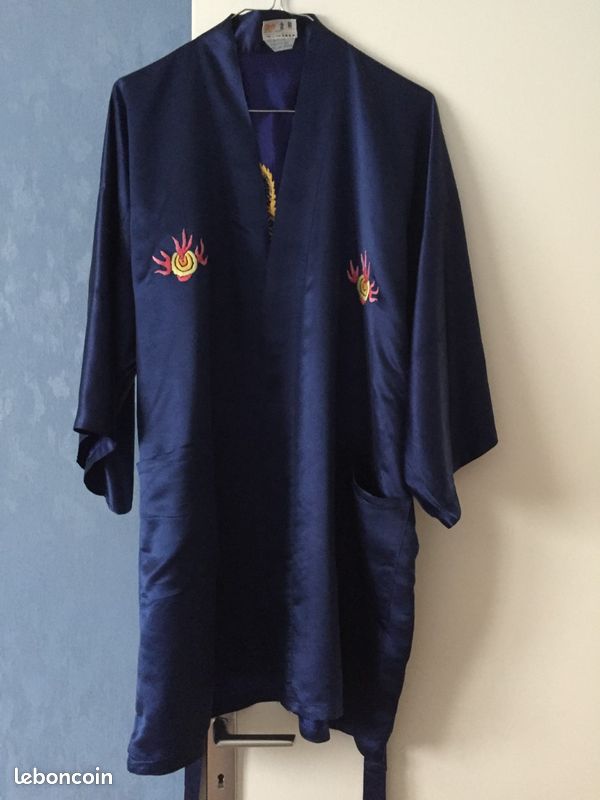 Tunique / KIMONO courte 100 % soie bleu (image 2)