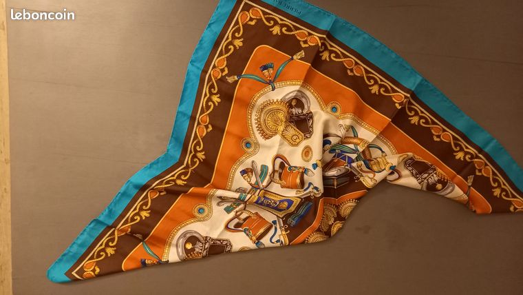 Foulard Miss Balmain Soie Vintage - 78x78 Cm - Ivoire/Marron - Occasion