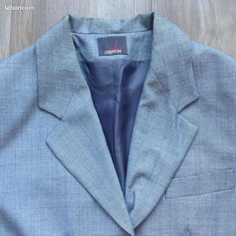 Veste de costume / Blazer vintage femme Marcelle Griffon – Laine peignée – Gris chiné (Taille 50 / Grande Taille) (image 4)