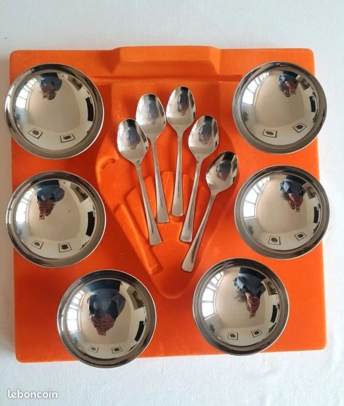 Lot 6 Coupes à Glace Vintage + 5 Cuillères Guy Degrenne - Inox Argenté, Occasion
