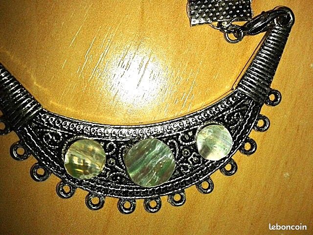 Collier Fantaisie Ethnique En Nacre Et Bois - Double Lien Tissu, 23g, Style Bohème, Occasion
