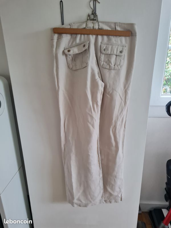 Pantalon Femme Esprit Taille 38 – Beige, Coton/Lin, Coupe Slim – Occasion Très Bon État